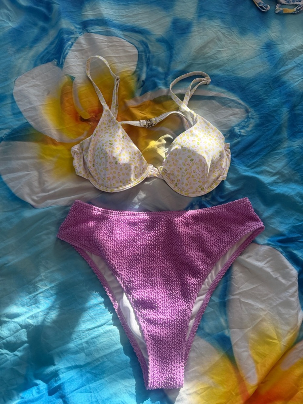 Two-Piece Bikini Set - Yellow Floral Top & Lavender Textured Bottom